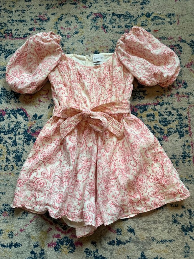Saylor Revolve 100% Linen Cotton Pink Toile Vermillion Romper With Tie - S